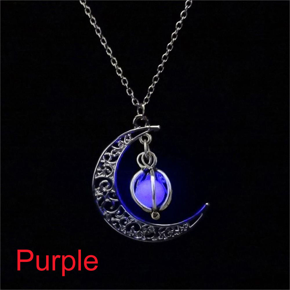 Glow In The Dark Luminous Necklace Moon&Pumpkin Pendant Silver Plated. PURPLE